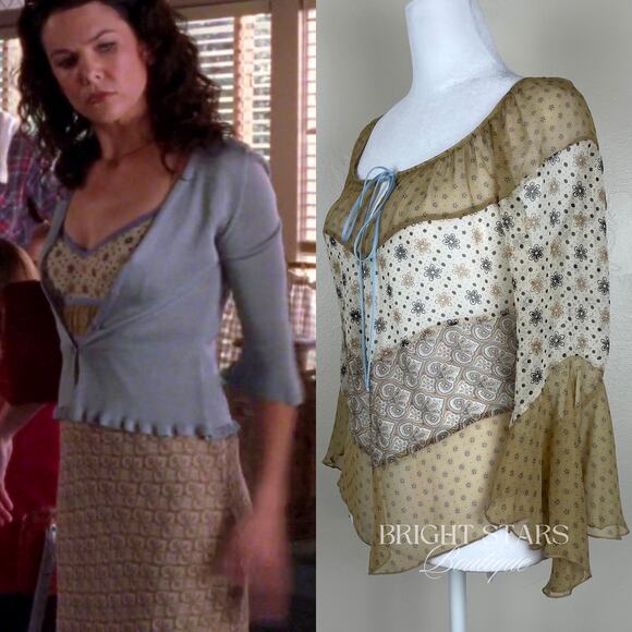 Extremely Rare Silk Print Top ASO Fred Angel Blouse Boho ALT Lorelai Gilmore - Picture 3 of 11